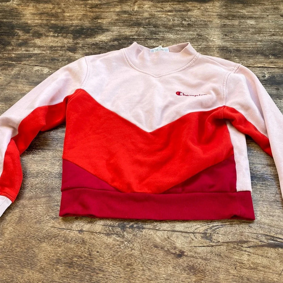Champion chevron striped mock turtleneck sweatshirt pink orange crop size xs - Picture 1 of 9